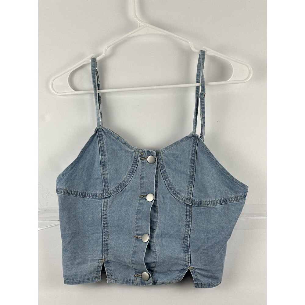 DAZY Women's Light Blue Denim Corset Crop Top Size L Button Front Smocked